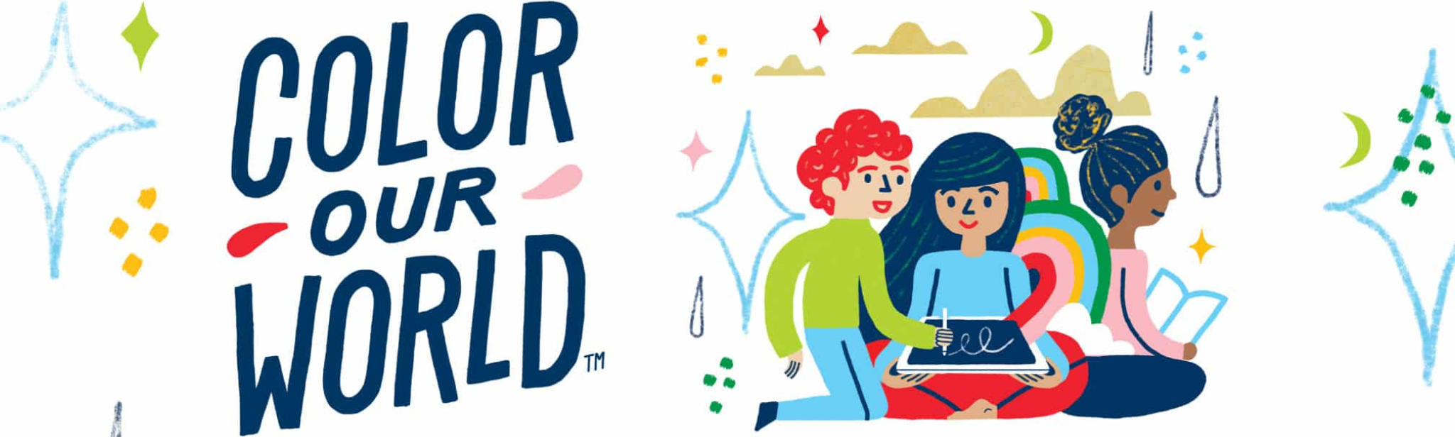 CSLP_Children_Slogan_English_Horizontal-2048x616 Color Our World summer reading program 2025 theme banner colorful graphic of multiracial children sketching and reading happily together